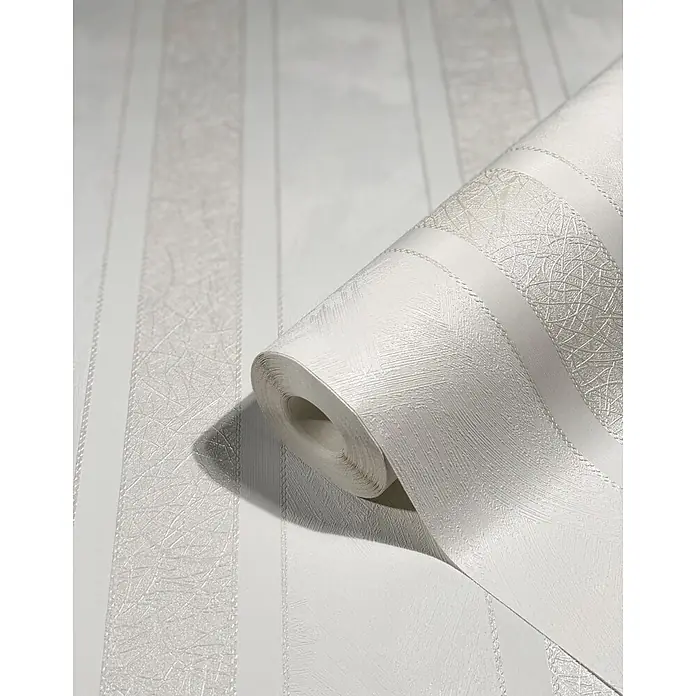 Livingwalls Vliestapete Streifen, weiß metallic - 10.050 x 530 mm - Rolle aus heller, texturierter Streifentapete mit abwechselnd glatten und abstrakt gemusterten Bändern.
