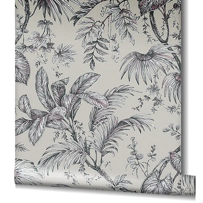 Livingwalls Vliestapete Floral, beige, schwarz - 10.050 x 530 mm - Tapete mit tropischem Blattmuster in Schwarz und Pink auf hellbeigem Hintergrund.