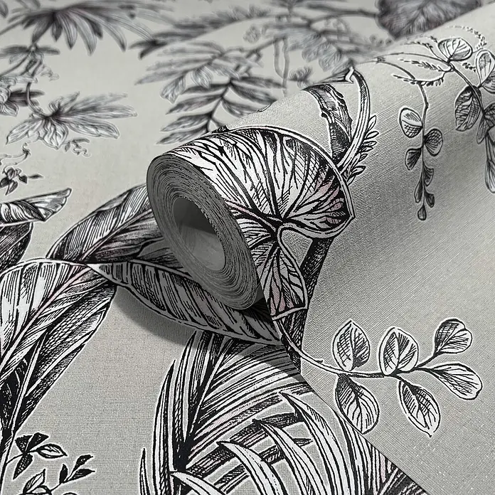 Livingwalls Vliestapete Floral, beige, schwarz - 10.050 x 530 mm - Tapetenrolle mit grauer Textur und botanischem Blättermuster in Schwarz, Weiß und Pink.