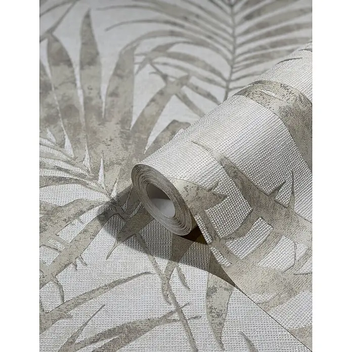 Livingwalls Vliestapete Floral, weiß, greige -  - Helle beige und weiße strukturierte Tapetenrolle mit abstraktem Palmenblattmuster.