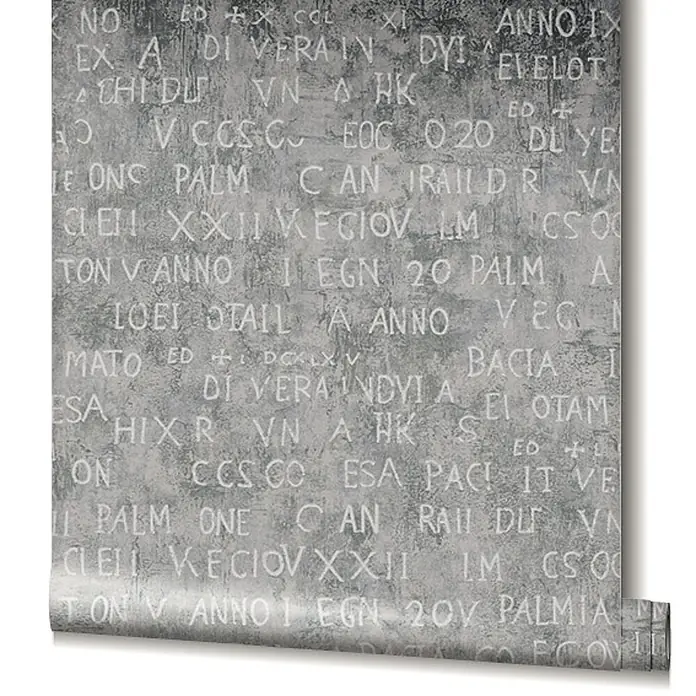 Livingwalls Vliestapete Grafisch, grau-braun - 10.050 x 530 mm - Graue Tapetenrolle mit antikem Muster aus weißer Schrift und Symbolen, die alte Steinschnitzereien ähneln.