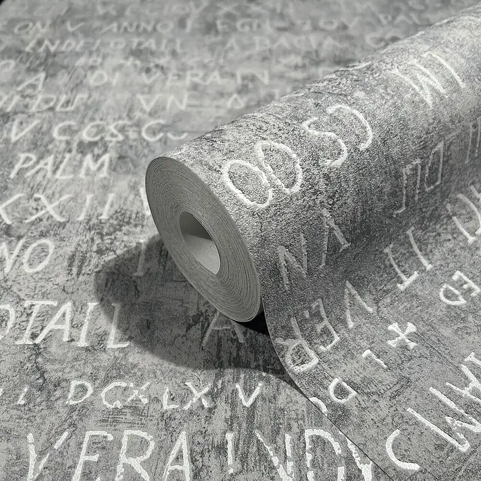Livingwalls Vliestapete Grafisch, grau-braun - 10.050 x 530 mm - Graue Tapetenrolle mit weißer antiker Schrift und römischen Ziffern.