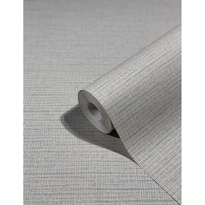 Livingwalls Vliestapete Uni, beige, blau - 10.050 x 530 mm - Eine Rolle strukturierter hellgrauer Tapete mit einem dezenten Gittermuster aus blauen Linien.