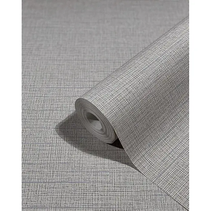 Livingwalls Vliestapete Uni, beige -  - Rolle strukturierter grauer Tapete mit feinem Gittermuster, teilweise abgerollt, um das Design zu zeigen.