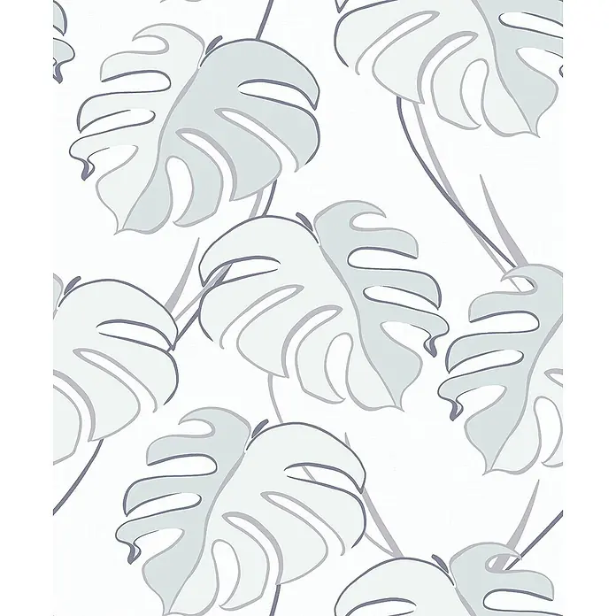 Livingwalls Vliestapete Floral, weiß-grau -  - Nahtloses Muster aus hellblauen und grauen Umriss-Monstera-Blättern.