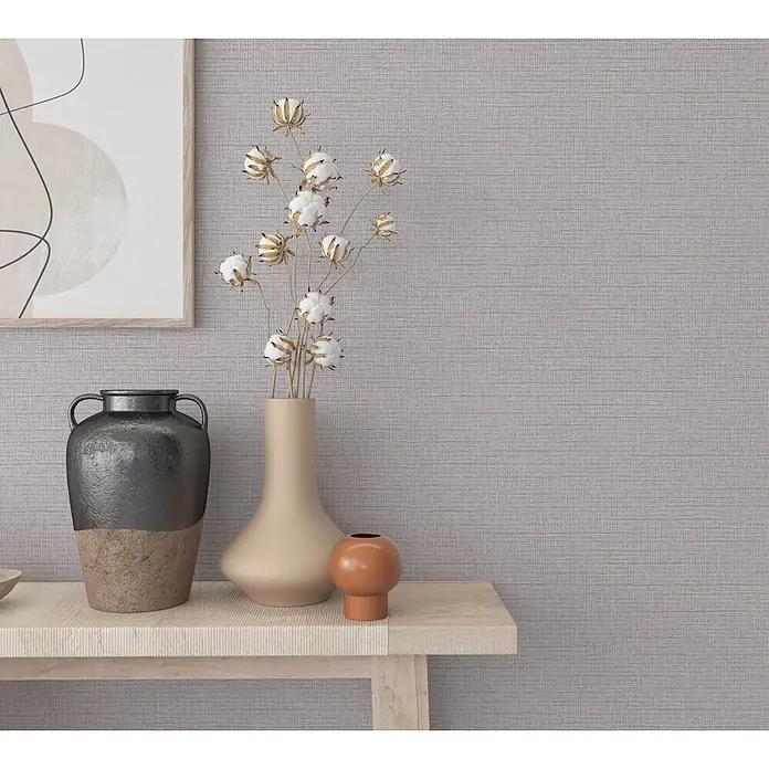 Livingwalls Vliestapete Uni, beige, lila - 10.050 x 530 mm - Hellgraue strukturierte Tapete mit dezentem Webmuster, die eine Wand als schicke Kulisse aufwertet.