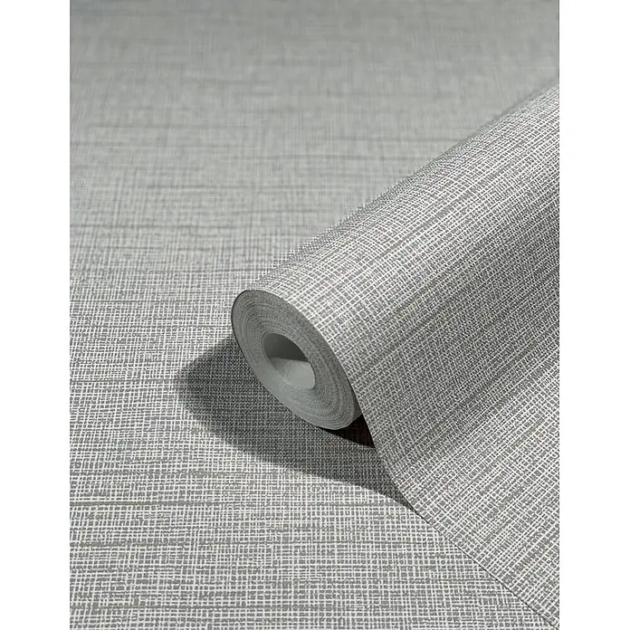 Livingwalls Vliestapete Uni, beige, lila - 10.050 x 530 mm - Hellgraue strukturierte Tapetenrolle mit dezentem Gittermuster, teilweise abgerollt.