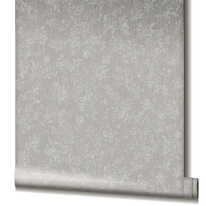 Livingwalls Vliestapete Grafisch, greige - 10.050 x 530 mm - Hellgraue Tapetenrolle mit dezentem weißem Blumen- und Blattmuster, mit leinenähnlicher Textur.