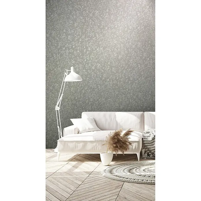 Livingwalls Vliestapete Grafisch, greige - 10.050 x 530 mm - Graue Tapete mit zartem, hellem Blumen- und Blattmuster.