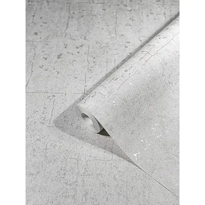 Livingwalls Vliestapete Struktur, grau - grau, 10.050 x 530 mm - Rolle silbergrauer, strukturierter Tapete mit dezentem Glitzer, teilweise abgerollt, zeigt abstraktes Muster.