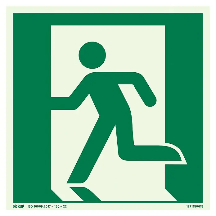 Pickup Aufkleber - L x B: 15 x 15 cm, Notausgang links - Grünes Notausgangsschild mit stilisierter, rennender Figur und Türrahmen.