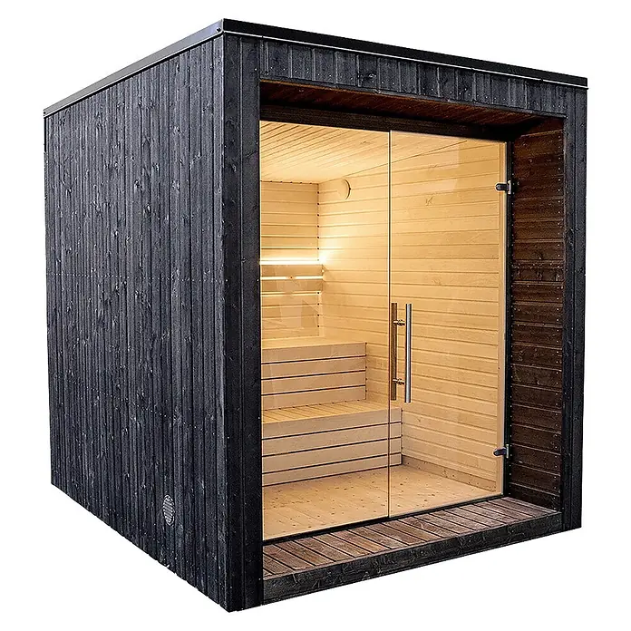 Weka Saunahaus Luua Cube - L x B x H: 254,5 x 210 x 229 cm, Schwarz, Ohne Ofen - Moderne Außensaunakabine mit schwarzer Holzverkleidung und heller Holzinneneinrichtung, inklusive Glastür.