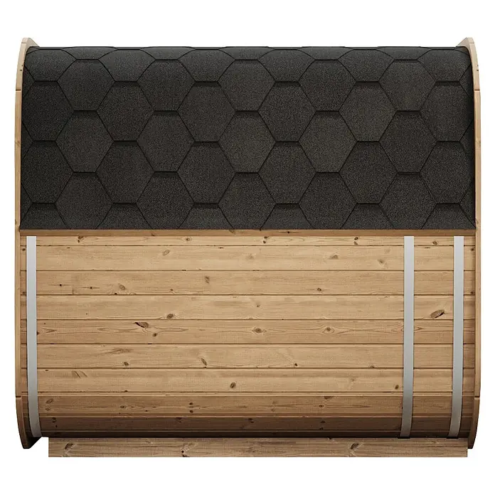Weka Saunahaus Laadi250S - L x B x H: 200 x 205 x 210 cm, Natur, Ohne Ofen - Tonnenförmige Sauna oder Badezuber aus Holz mit dunkelgrauem Sechseckschindeldach.