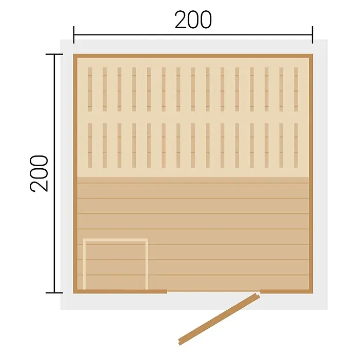 Weka Saunahaus Kaapi 3 - L x B x H: 226 x 224 x 215 cm, Natur, Ohne Ofen - Draufsicht eines quadratischen Sauna-Grundrisses, 200x200, mit hellen Holzbänken, Heizbereich und einer nach außen öffnenden Tür.