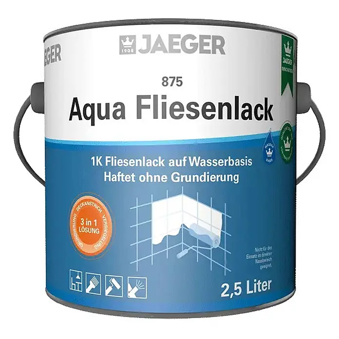Jaeger Buntlack -  - Blau-weiße JAEGER Aqua Fliesenlack Dose, 2,5 Liter, 1K Fliesenlack auf Wasserbasis mit 3-in-1 Funktion.