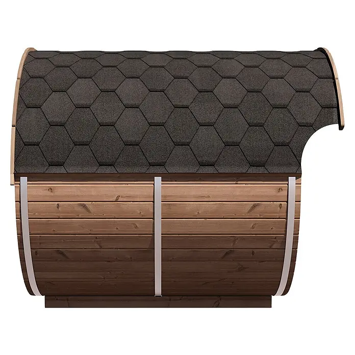 Weka Saunahaus Keila - L x B x H: 240 x 405 x 220 cm, Natur, Mit 9 kW Ofen mit integrierter Steuerung - Hölzerne Fasssauna mit dunkelgrauem Sechskant-Schindeldach und hellen Metallbändern.