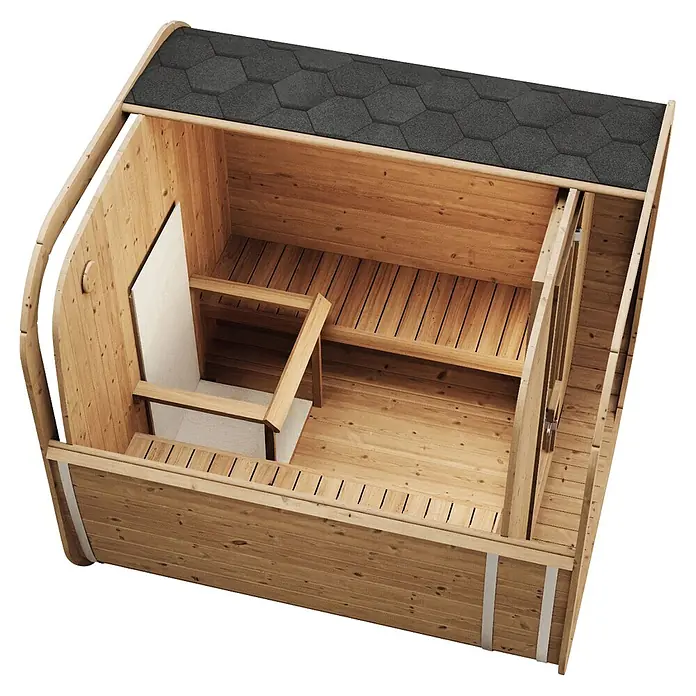 Weka Saunahaus Laadi250S - L x B x H: 200 x 205 x 210 cm, Natur, Ohne Ofen - Helle Holzfasssauna innen mit Holzbänken und dunkelgrauem sechseckigem Schindeldach.