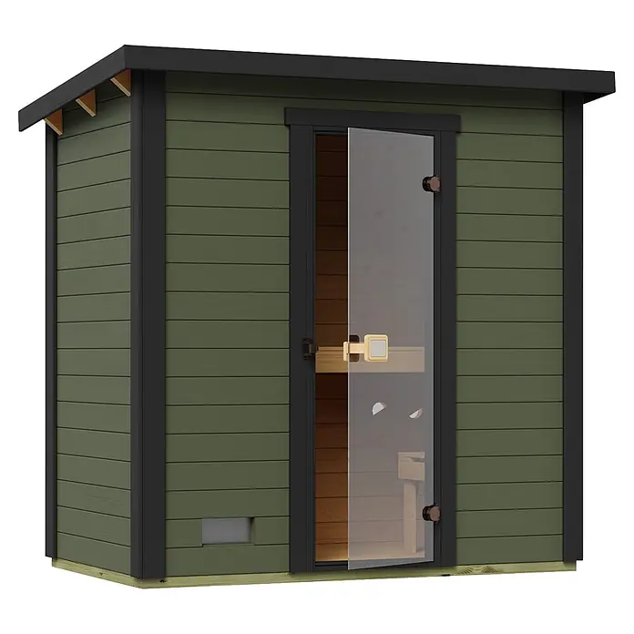 Weka Saunahaus Kaapi 1 - L x B x H: 138 x 224 x 215 cm, Grüngrau, Mit 9 kW Ofen mit integrierter Steuerung - Grüne Holz-Außensauna mit dunklen Zierleisten und Glastür, mit Holzbänken innen.