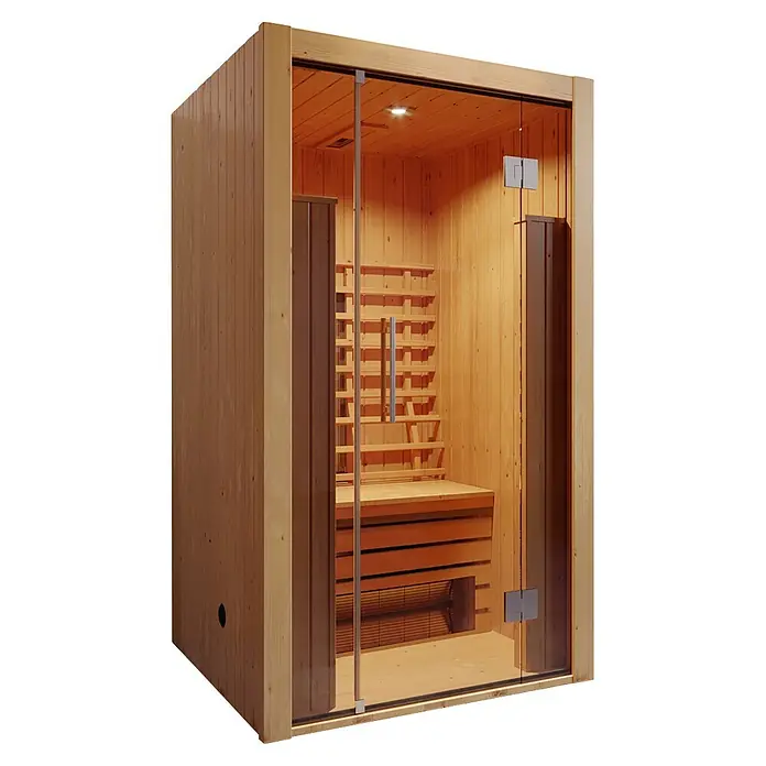 Weka Infrarotkabine Hamina - 103,5 x 109,5 x 190 cm, 1.700 Watt (W) - Moderne helle Holz-Infrarotsaunakabine mit Glastür und Innenbänken.