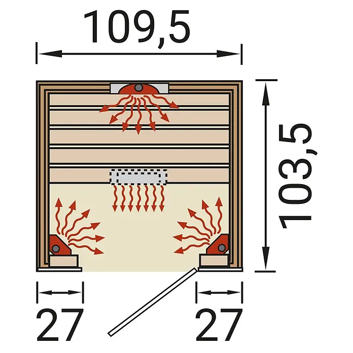 Weka Infrarotkabine Hamina - 103,5 x 109,5 x 190 cm, 1.700 Watt (W) - Sauna-Innenansicht mit Maßen: 109,5 Breite, 103,5 Tiefe, 27 Ausladung. Zeigt wandmontierte Infrarotstrahler und eine Bodenheizung.