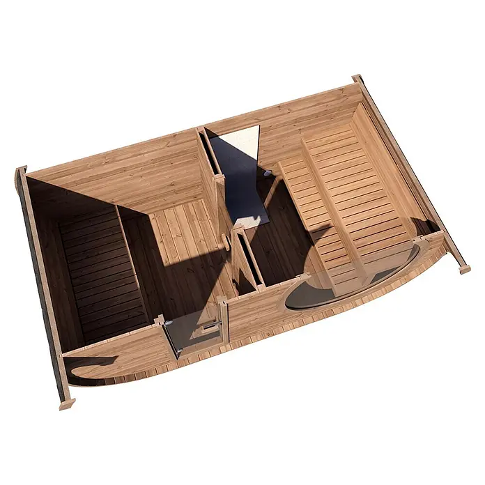 Weka Saunahaus Keila - L x B x H: 240 x 405 x 220 cm, Natur, Mit 9 kW Ofen mit integrierter Steuerung - Draufsicht auf eine helle Holzsauna mit mehreren Bänken, Glastür und runder Fensteröffnung, die verschiedene Bereiche zeigt.