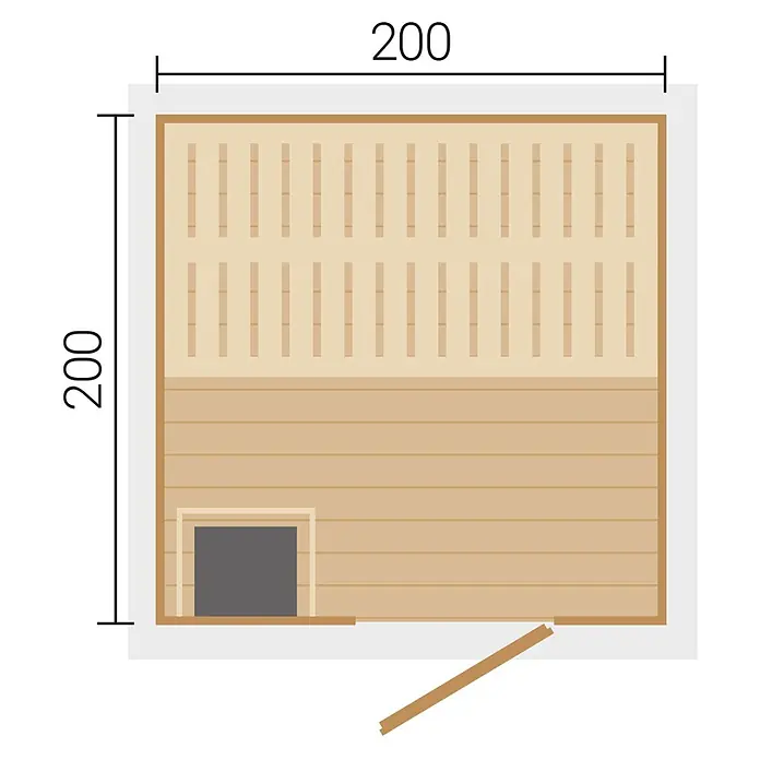 Weka Saunahaus Kaapi 3 - L x B x H: 226 x 224 x 215 cm, Grüngrau, Mit 9 kW Ofen mit integrierter Steuerung - Draufsicht auf eine holzvertäfelte Sauna mit Bänken, einem Ofen in der Ecke und einer nach außen öffnenden Tür. Maße 200x200.