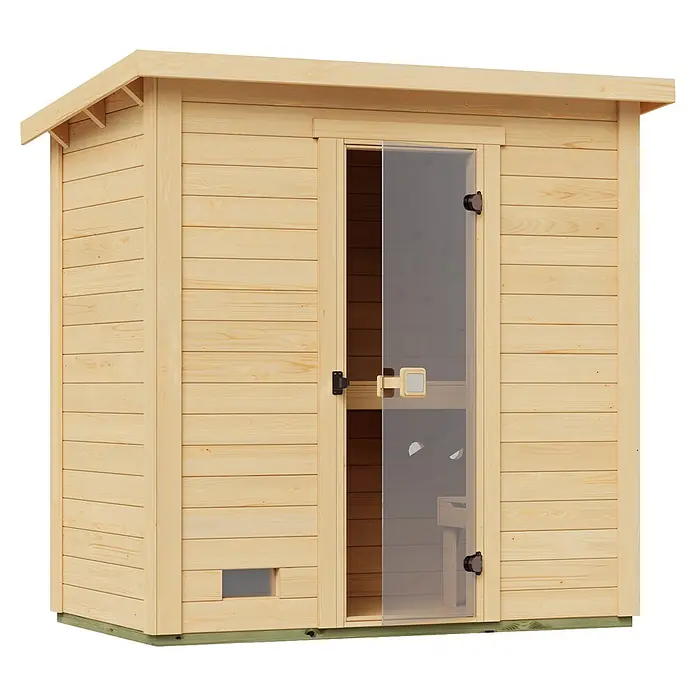 Weka Saunahaus Kaapi 1 - L x B x H: 138 x 224 x 215 cm, Natur, Ohne Ofen - Helle Holz-Außensauna mit klarer Glastür.