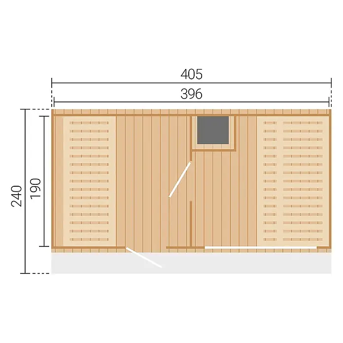 Weka Saunahaus Keila - L x B x H: 240 x 405 x 220 cm, Natur, Mit 9 kW Ofen mit integrierter Steuerung - Saunagrundriss mit Innenmaßen 396x190 cm und Außenmaßen 405x240 cm, zeigt Holzbänke und Heizofen.