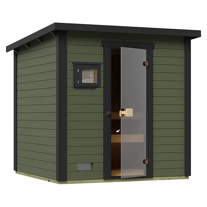 Weka Saunahaus Kaapi 3 - L x B x H: 226 x 224 x 215 cm, Grüngrau, Mit 9 kW Ofen mit externer digitaler Steuerung - Grüne moderne Saunakabine mit dunklen Zierleisten, klarer Glastür und Holzinterieur.