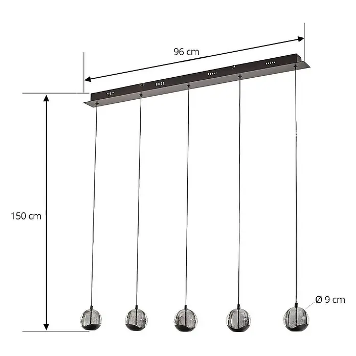 Lucande Pendelleuchte Hayley - klar / transparent, klar, Schwarz - Anthrazitfarbene Hängeleuchte mit 5 Rauchglas-Kugeln. 96 cm lang, 150 cm hoch, Kugeln ø 9 cm.
