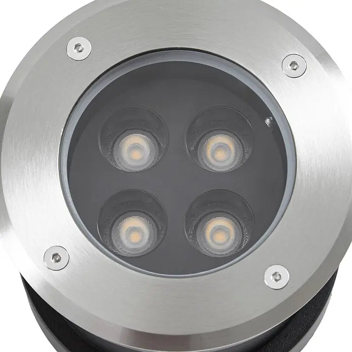 Arcchio LED-Gartenstrahler Thentos - 3.000 K - Einbaubodenleuchte aus Edelstahl mit vier integrierten LEDs und klarer Glasabdeckung, befestigt mit Sechskantschrauben.