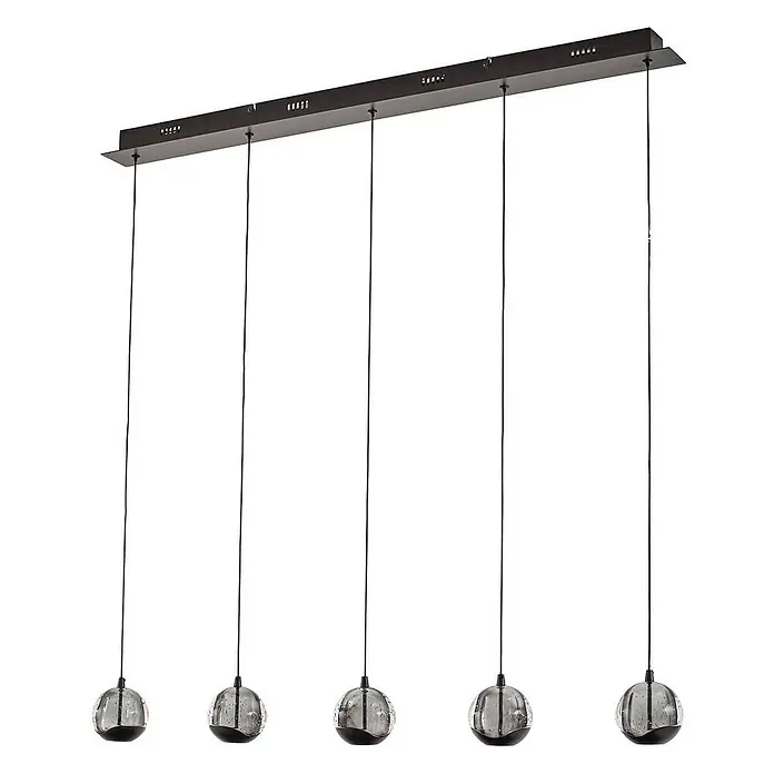 Lucande Pendelleuchte Hayley - klar / transparent, klar, Schwarz - Lineare Pendelleuchte mit fünf kugelförmigen, strukturierten Glasschirmen und dunkler Metallbasis.