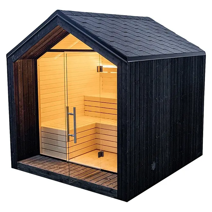 Weka Saunahaus Luua - L x B x H: 249 x 234 x 244 cm, Schwarz, Mit 9 kW Ofen mit integrierter Steuerung - Schwarze Außensauna mit dunklem Dach, heller Holzinnenausstattung und Glastür mit Metallgriff.