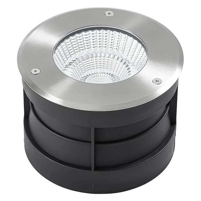Arcchio LED-Gartenstrahler Thentos - 3.000 K - Runde Bodeneinbauleuchte mit gebürstetem Edelstahlrahmen und schwarzem Gehäuse, ausgestattet mit einer LED-Lichtquelle und strukturiertem Diffusor.