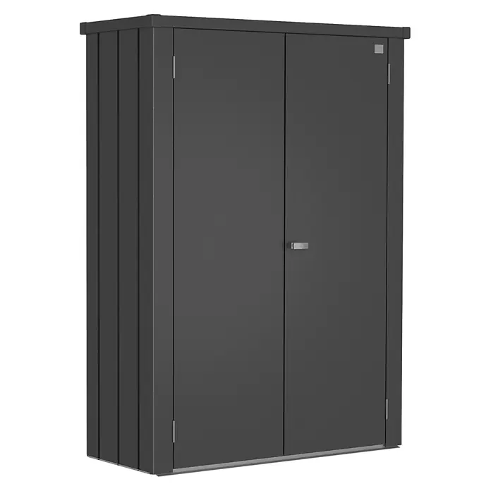 Biohort Romeo Geräteschrank - Außenmaß inkl. Dachüberstand (B x T): 132 x 57 cm, Stahl, Dunkelgrau-Metallic - Dunkelgrauer Metall-Geräteschrank mit zwei Türen und Griff.