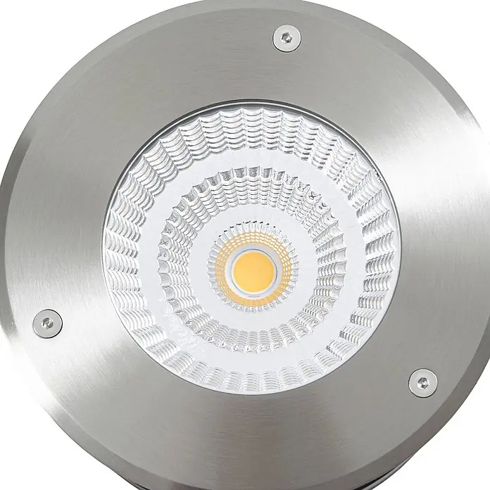 Arcchio LED-Gartenstrahler Thentos - 3.000 K - Runde LED-Bodeneinbauleuchte aus gebürstetem Metall mit gelber Zentral-LED und konzentrischen weißen LED-Ringen.