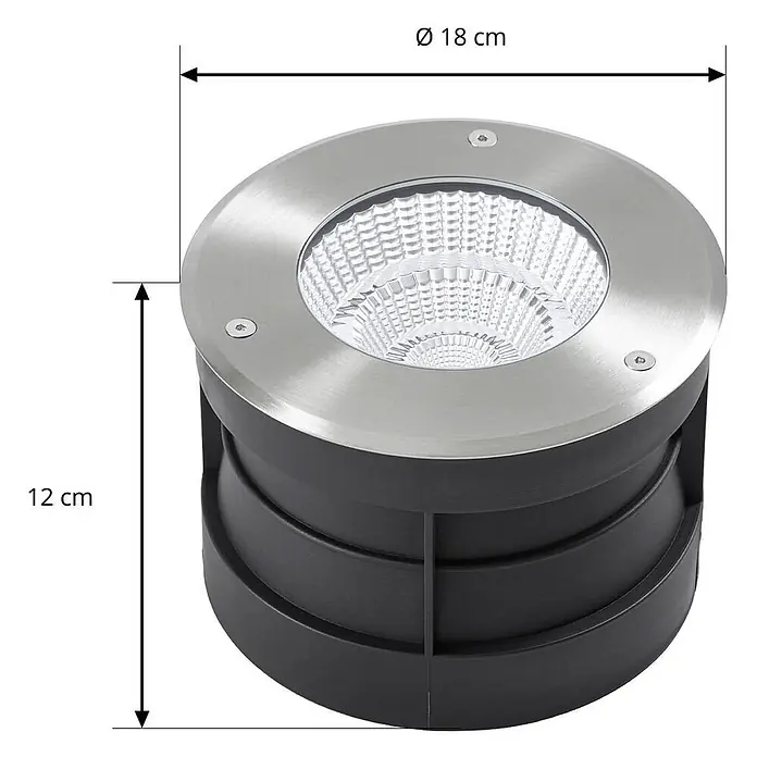 Arcchio LED-Gartenstrahler Thentos - 3.000 K - Runde Bodeneinbauleuchte mit gebürstetem Edelstahlring und schwarzem Gehäuse, Ø 18 cm, 12 cm hoch.