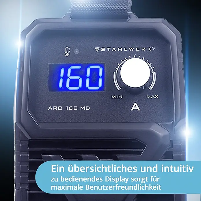 STAHLWERK Elektrodenschweißgerät Schweißgerät ARC 160 MD - Schweißstrom: 160 A - Dunkelgrauer STAHLWERK ARC 160 MD Schweißinverter mit hellblauem Digitaldisplay „160“ und intuitivem Bedienknopf.