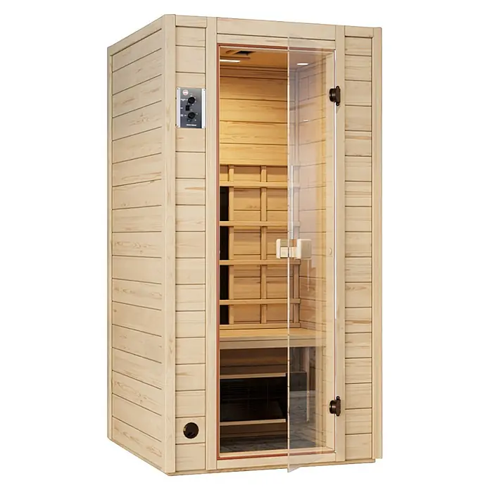 Weka Infrarotkabine Vaala - 100 x 102 x 196 cm, 1.700 Watt (W) - Helle Holz-Infrarotsauna mit klarer Glastür, die das Lattenrost-Interieur und das externe Bedienfeld zeigt.