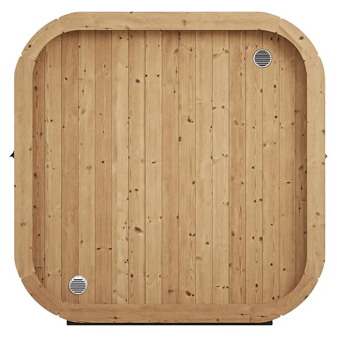 Weka Saunahaus Laadi250S - L x B x H: 200 x 205 x 210 cm, Natur, Ohne Ofen - Helle Holzplatte mit abgerundeten Ecken und zwei runden Lüftungsöffnungen.
