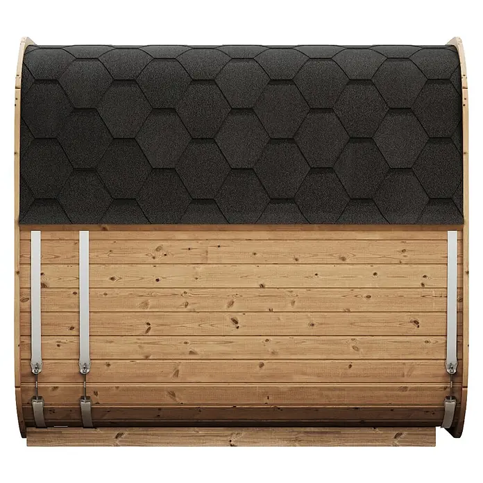 Weka Saunahaus Laadi250S - L x B x H: 200 x 205 x 210 cm, Natur, Ohne Ofen - Ansicht von oben: Hölzerne Fasssauna mit hellen Holzplanken, dunklem sechseckigem Schindeldach und weißen Metallbändern.