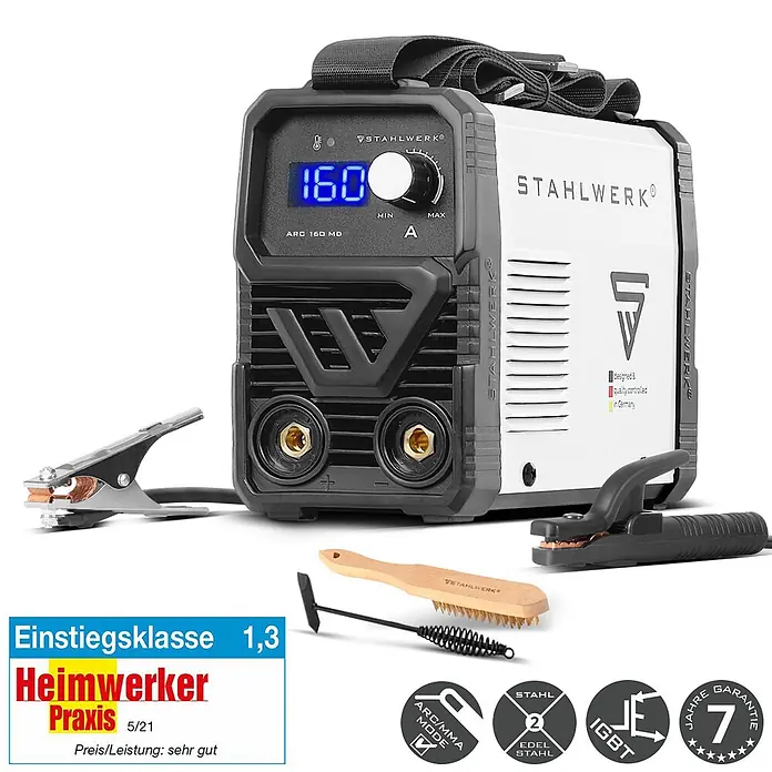 STAHLWERK Elektrodenschweißgerät Schweißgerät ARC 160 MD - Schweißstrom: 160 A - Weiß-schwarzes Stahlwerk ARC 160 MD Inverter-Schweißgerät mit Elektrodenhalter, Masseklemme, Bürste und Schlackehammer.