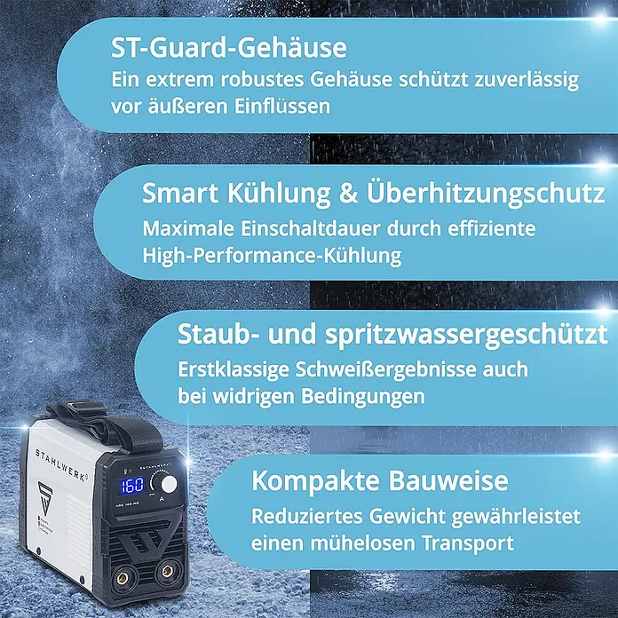STAHLWERK Elektrodenschweißgerät Schweißgerät ARC 160 MD - Schweißstrom: 160 A - Weiß-schwarzes Stahlwerk Schweißgerät, robust, kompakt sowie staub- und spritzwassergeschützt für anspruchsvolle Bedingungen.