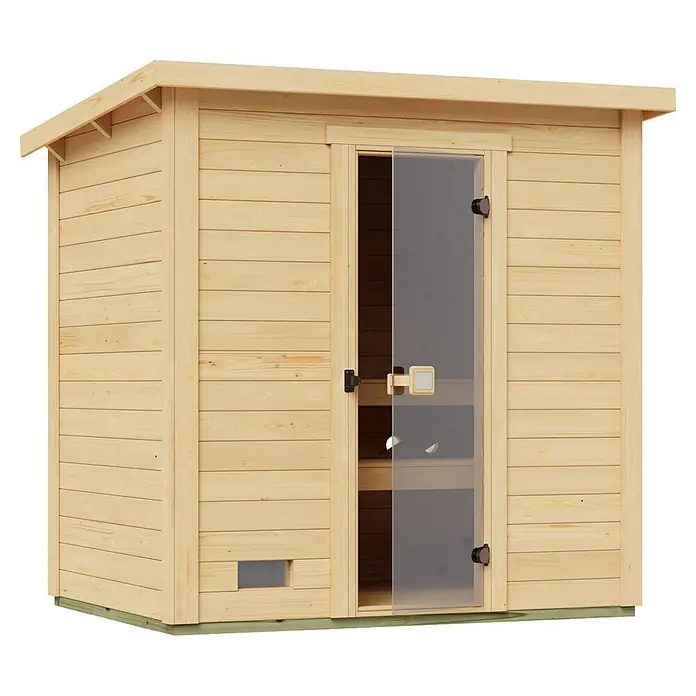 Weka Saunahaus Kaapi 2 - L x B x H: 172 x 224 x 215 cm, Natur, Mit 9 kW Ofen mit integrierter Steuerung - Kleine Sauna aus hellem Naturholz mit klarer Glastür.