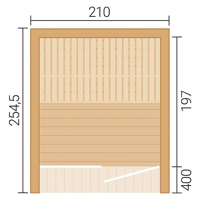 Weka Saunahaus Luua Cube - L x B x H: 254,5 x 210 x 229 cm, Schwarz, Ohne Ofen - Sauna-Innenansicht mit hellem Holzpaneel und Bänken, inkl. Maßen: Breite 210, linke Höhe 254.5, rechte Höhe 197, Bankhöhe 400 (alle cm).