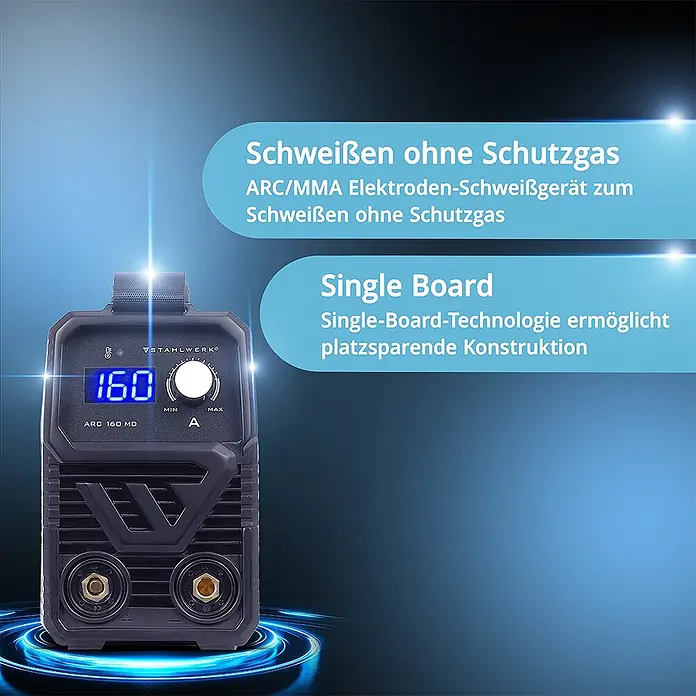 STAHLWERK Elektrodenschweißgerät Schweißgerät ARC 160 MD - Schweißstrom: 160 A - Ein dunkelgraues ARC/MMA Inverter-Schweißgerät mit Digitalanzeige '160' und Einstellknopf, das gasfreies Schweißen ermöglicht.