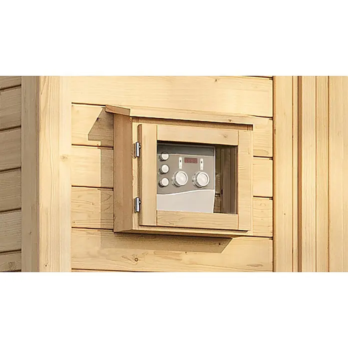 Weka Saunahaus Kaapi 1 - L x B x H: 138 x 224 x 215 cm, Natur, Mit 9 kW Bio-Ofen mit externer digitaler Steuerung - Graues Bedienfeld mit Digitalanzeige und Knöpfen in einem offenen Holzgehäuse an einer Holzwand.