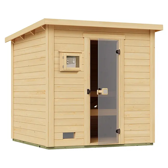 Weka Saunahaus Kaapi 3 - L x B x H: 226 x 224 x 215 cm, Natur, Mit 9 kW Bio-Ofen mit externer digitaler Steuerung - Helle Holzsauna mit moderner Glastür.