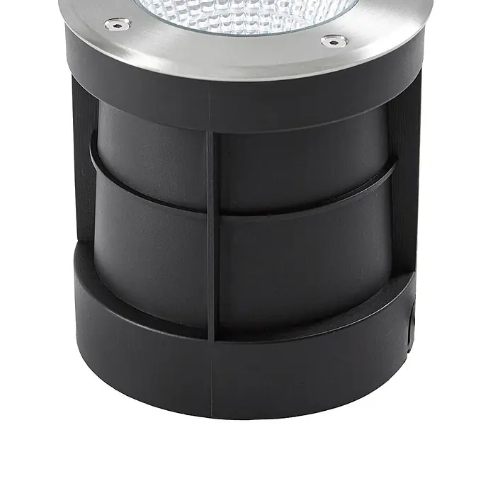 Arcchio LED-Gartenstrahler Thentos - 3.000 K, 12 x 12 x 12,8 cm - Schwarze zylindrische Bodeneinbauleuchte für den Außenbereich mit silbernem Rand und strukturiertem Klarglas.