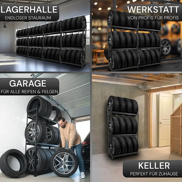 Allshelf Reifenregal - H x B x T: 180 x 110 x 40 cm, Stecken - Schwarzes Reifenregal aus Metall in einer Vierteilung, zeigt seine Verwendung in Lagerhalle, Werkstatt, Garage mit Person und Keller zur Reifenlagerung.